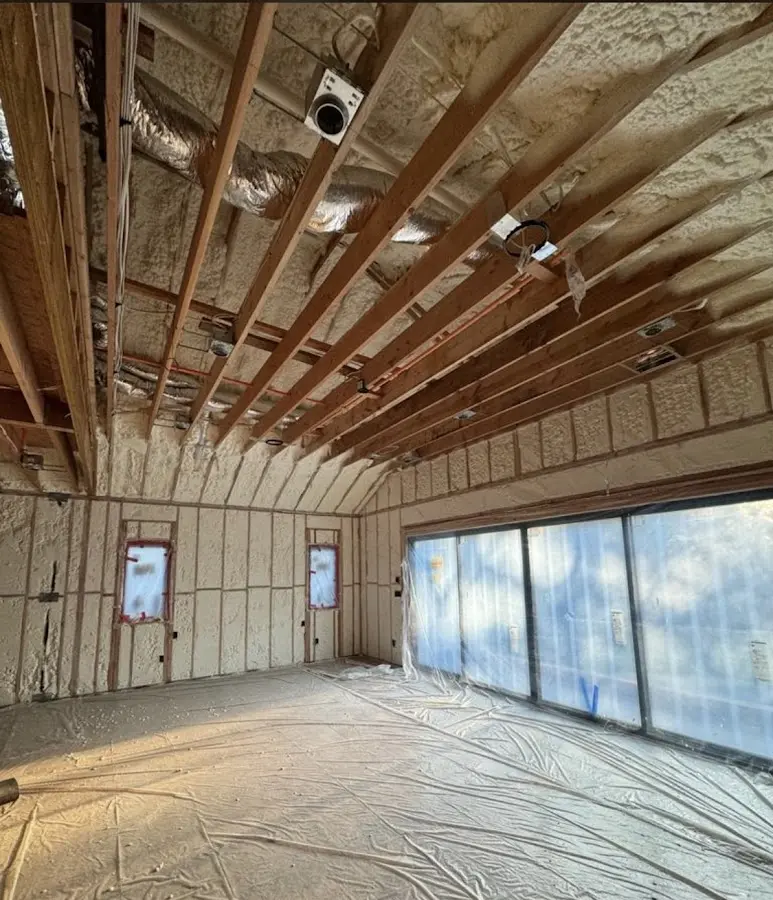 Interior walls and ceiling insulated with spray foam during new construction in Blanchard